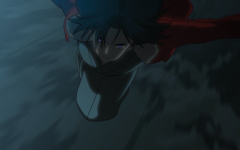 Anime Character in Flight — Blue, Dramatic, Night, Red Scarf