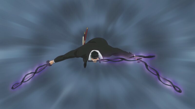 Anime Character in Flight — Blue, Dramatic, Sword