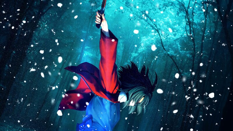 Anime Character in Forest — Blue, Dramatic, Night