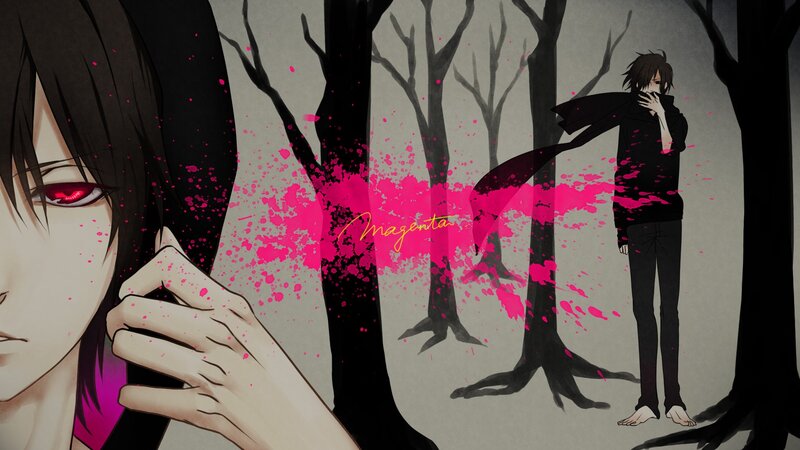 Anime character in forest with magenta splatter