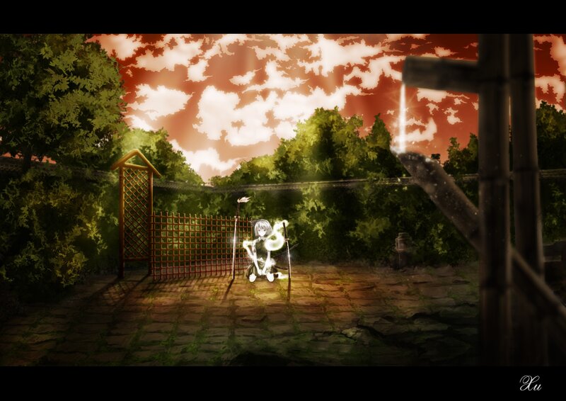 Anime character in garden at sunset