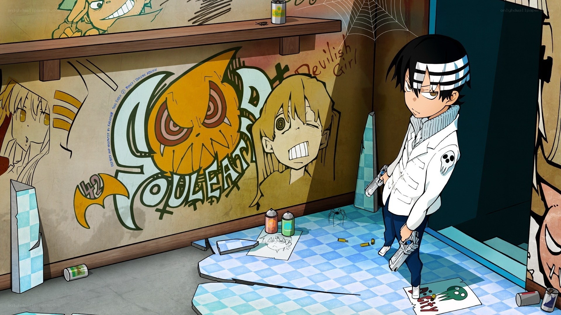 Anime character in graffiti room