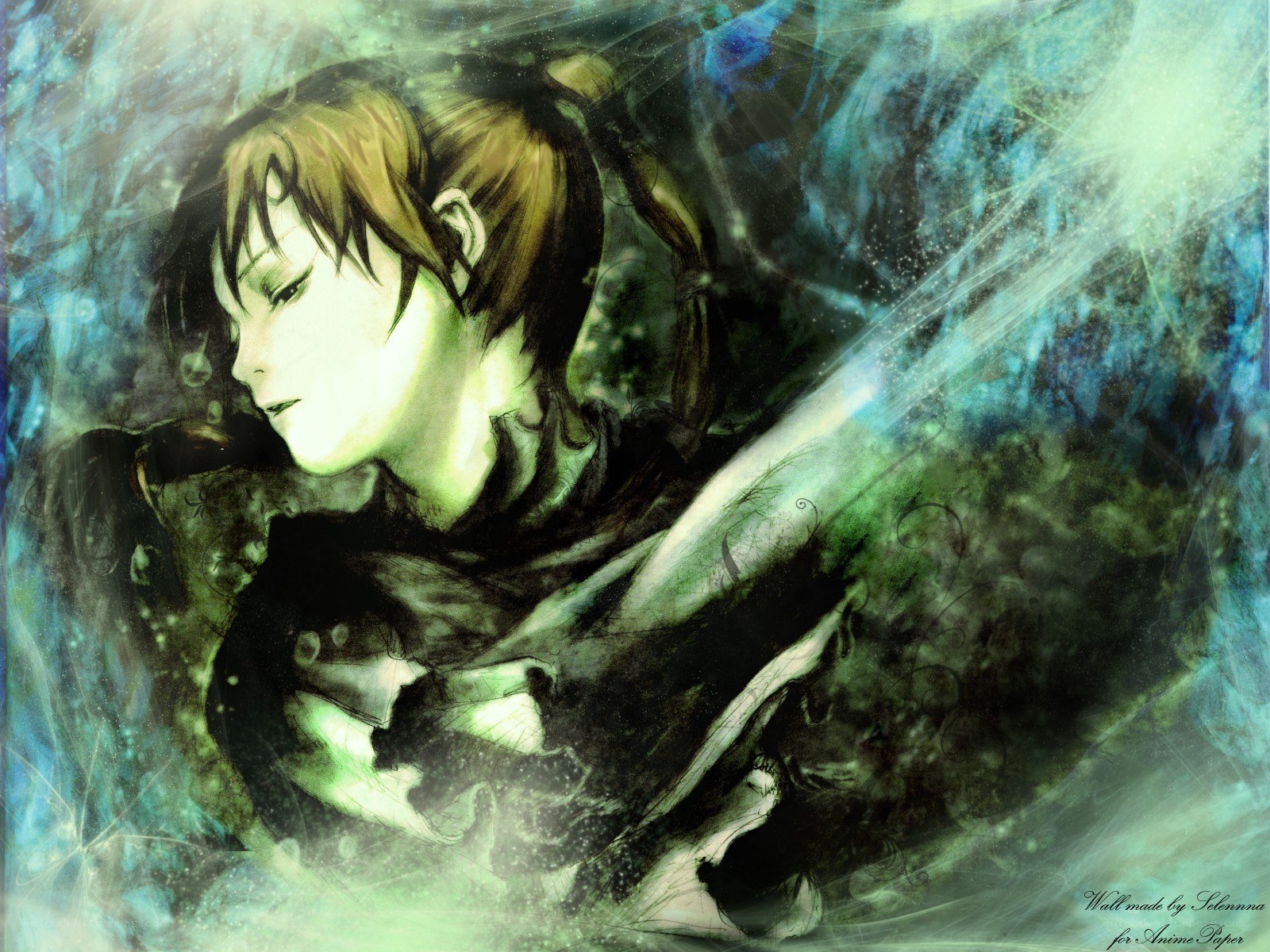 anime character in green light