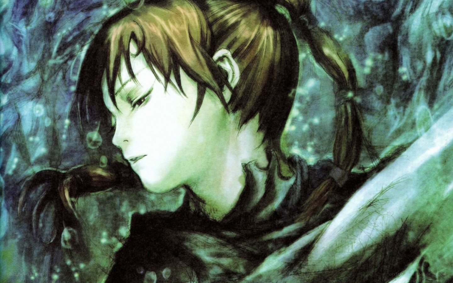 anime character in green light