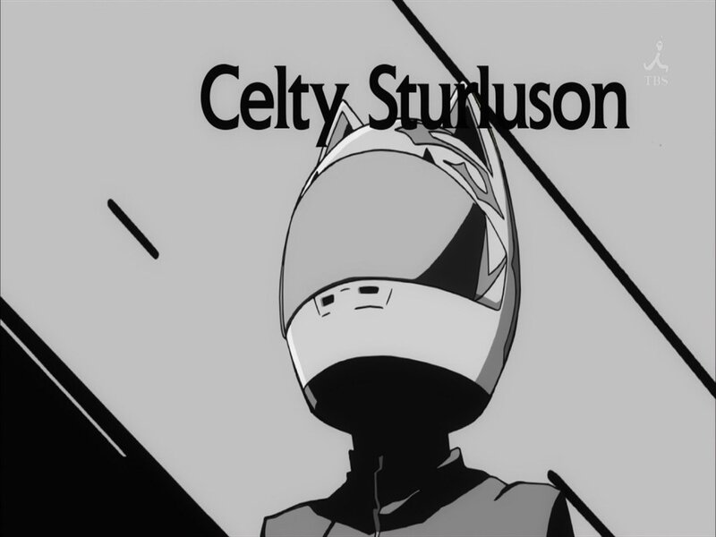 Anime Character in Helmet — Black, Dramatic, Text