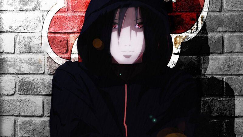 Anime Character in Hoodie — Black, Dramatic, Brick Wall