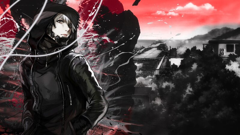 Anime Character in Hoodie — Black, Dramatic, Sunset