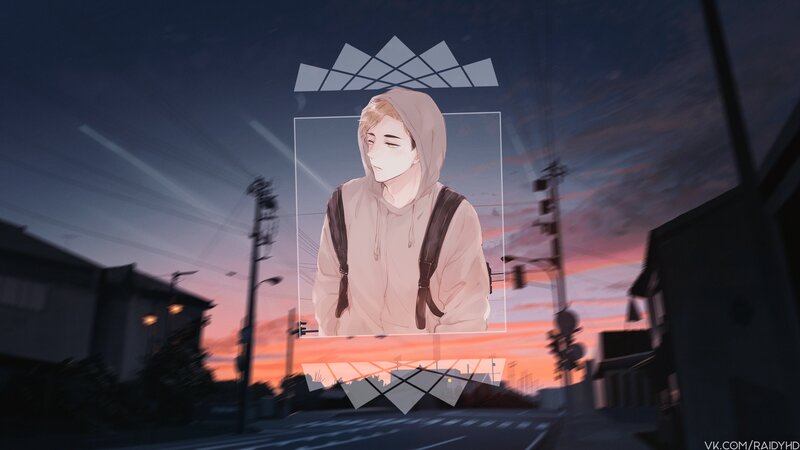 Anime Character in Hoodie — Orange, Dramatic, Sunset