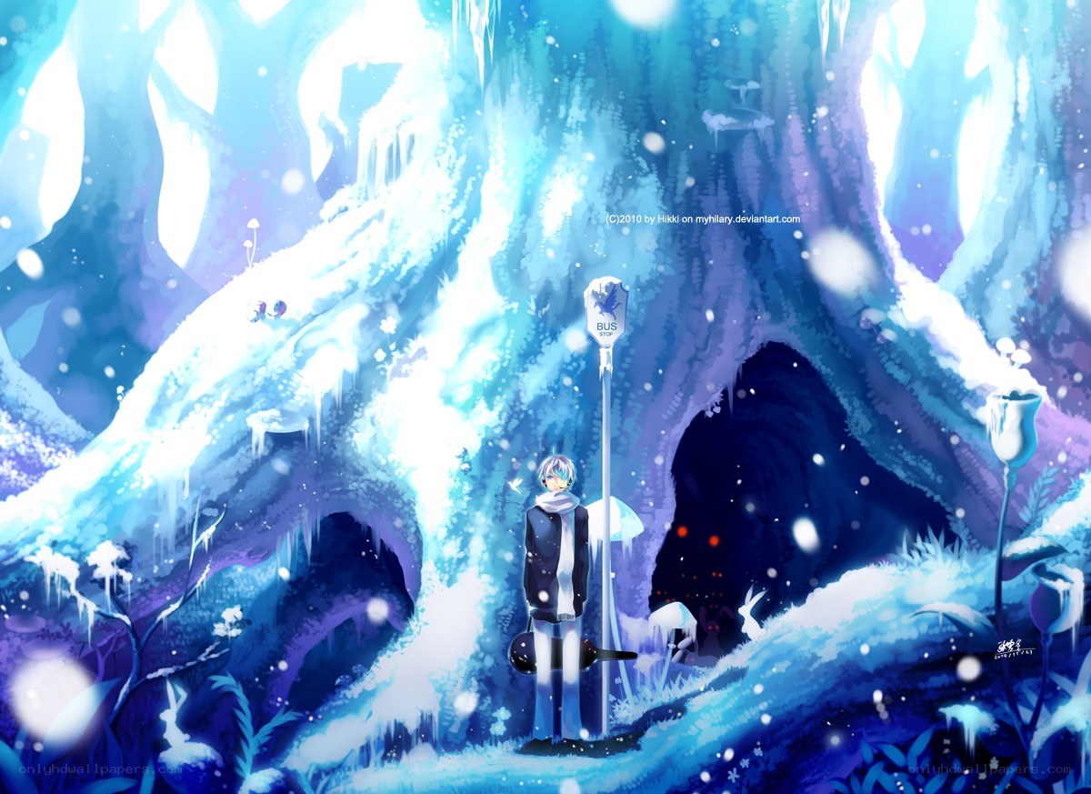 Anime character in icy cave