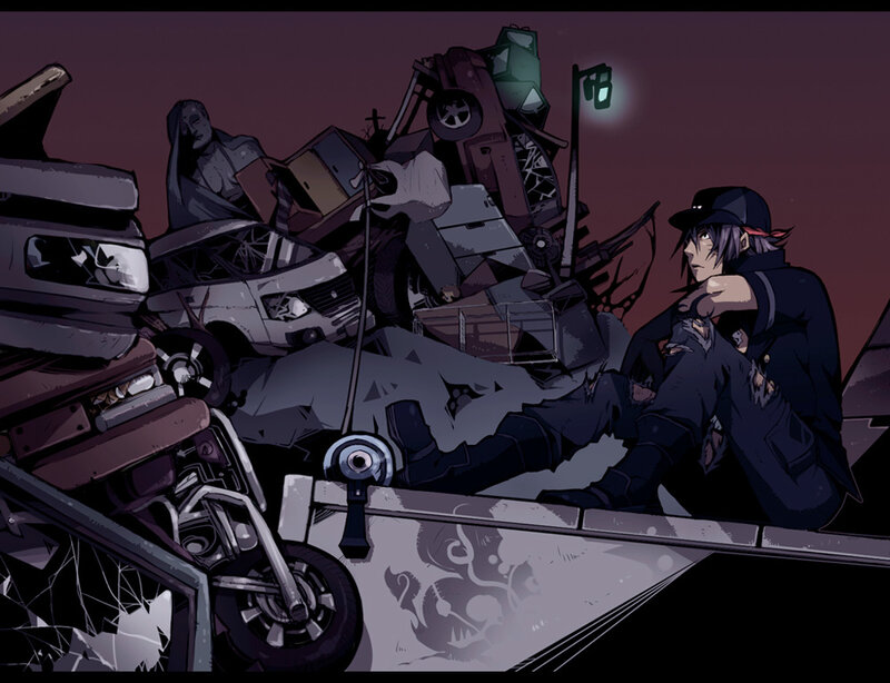 Anime character in junkyard