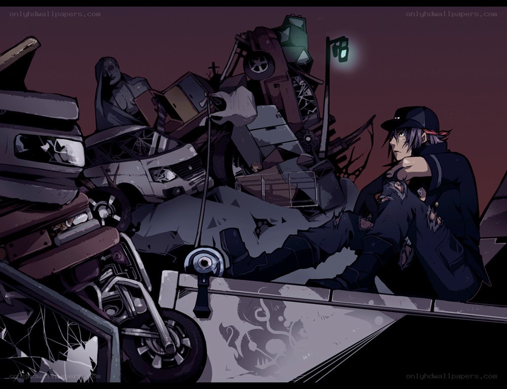 Anime character in junkyard