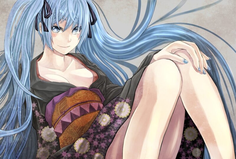 Anime Character in Kimono — Blue, Calm, Digital Art, Long Hair