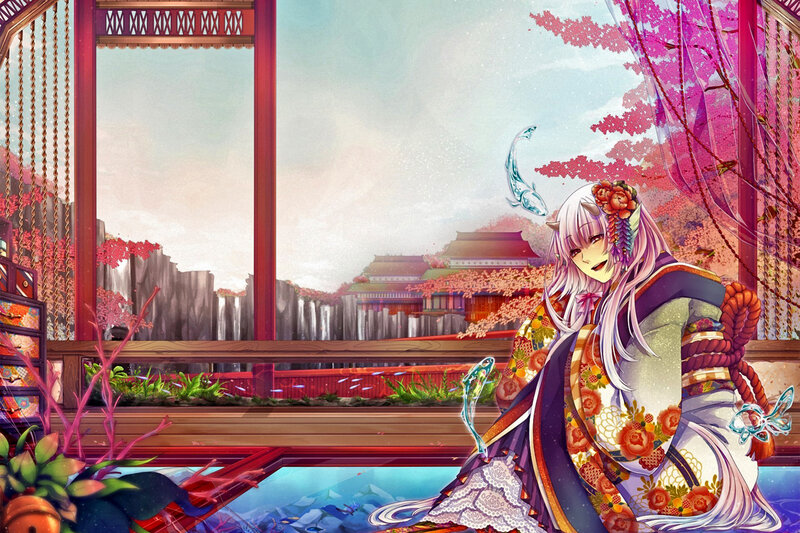 Anime Character in Kimono — Pink, Serene, Spring, Digital Art, Cherry Blossoms