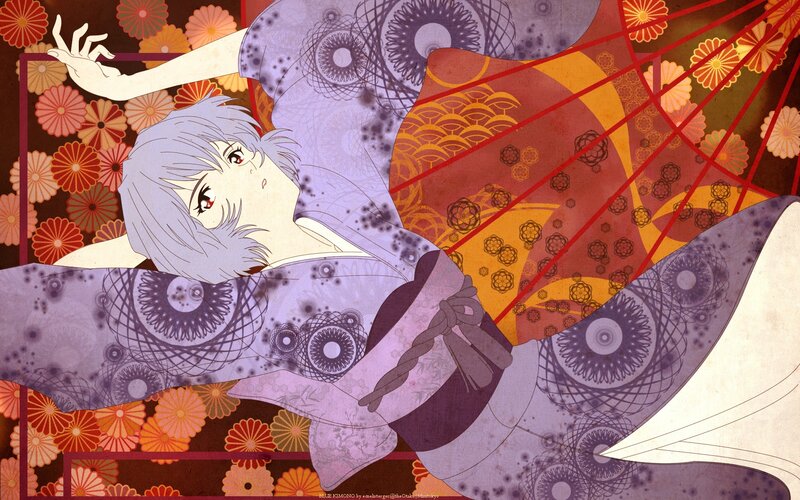 Anime Character in Kimono — Purple, Calm, Floral Pattern