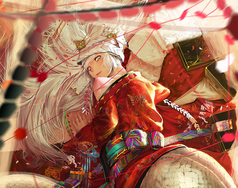 Anime Character in Kimono — Red, Dramatic, Digital Art