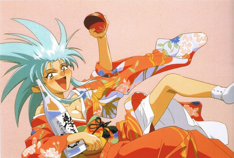 Anime character in kimono with alcohol