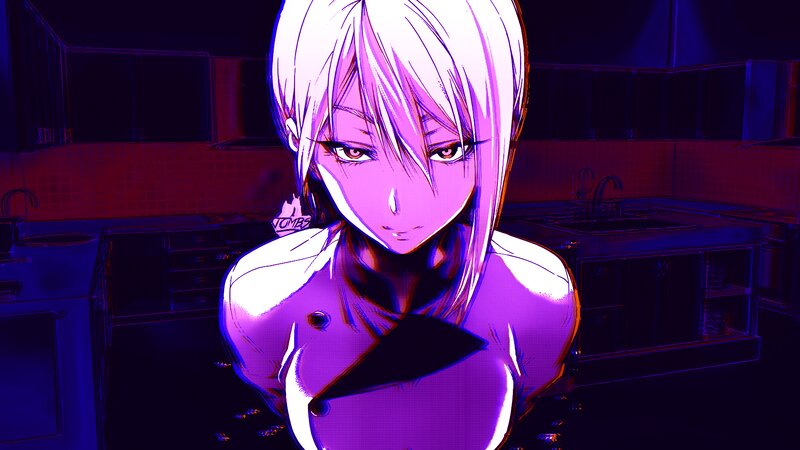 Anime Character in Kitchen — Purple, Dramatic
