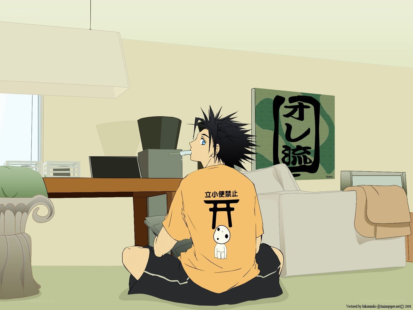 anime character in living room
