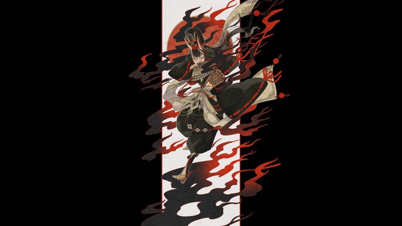 Anime Character in Motion — Black, Dramatic, Digital Art, Flames