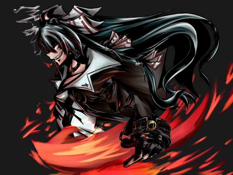 Anime Character in Motion — Black, Dramatic, Digital Art, Sword, Fire