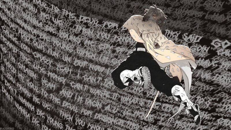 Anime Character in Motion — Black, Dramatic, Manga, Sword, Text Background
