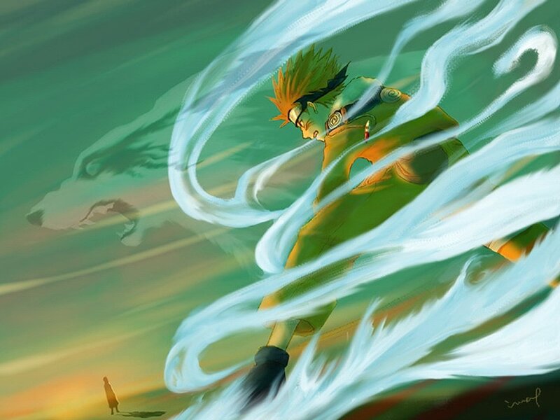 Anime Character in Motion — Green, Dramatic, Sunset