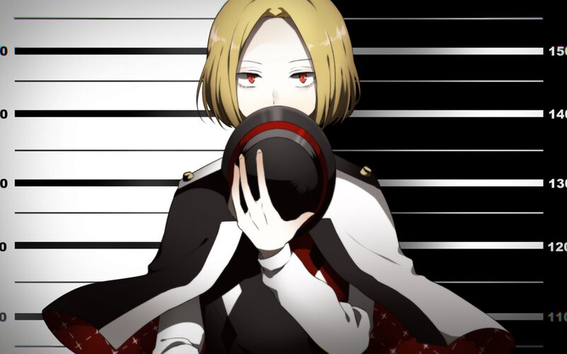 Anime Character in Mugshot — Black, Dramatic, Mugshot Background