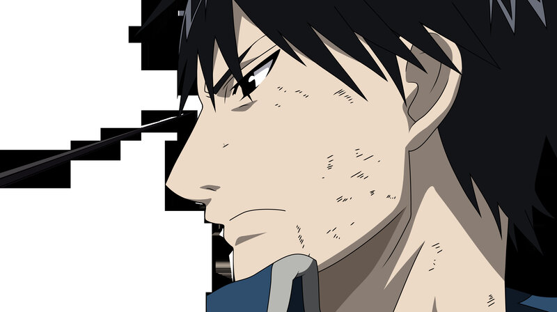 Anime Character in Profile — Black, Serious, Black Hair, Blue Clothing