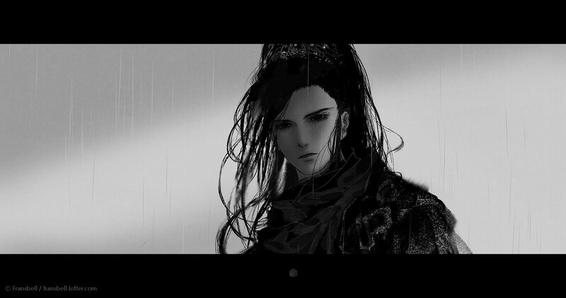 Anime Character in Rain — Black, Dramatic, Digital Art, Dark Clothing