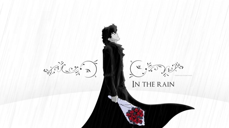 Anime Character in Rain — Black, Dramatic, Manga, Flowers