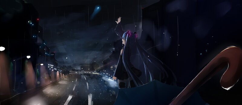 Anime Character in Rain — Black, Dramatic, Night, Digital Art, City Street