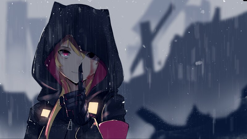 Anime Character in Rain — Black, Dramatic, Night, Digital Art, Hoodie, City