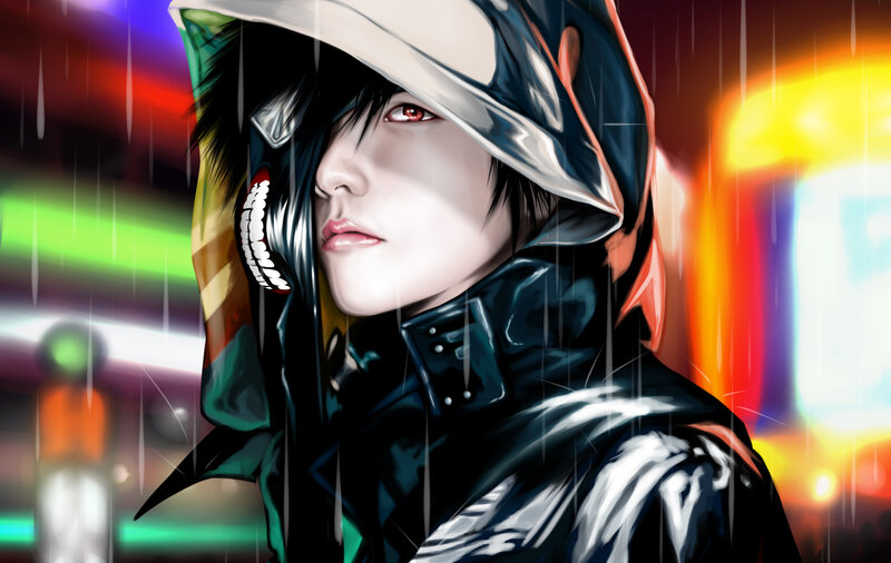 Anime Character in Rain — Black, Dramatic, Night, Digital Art, Neon Lights