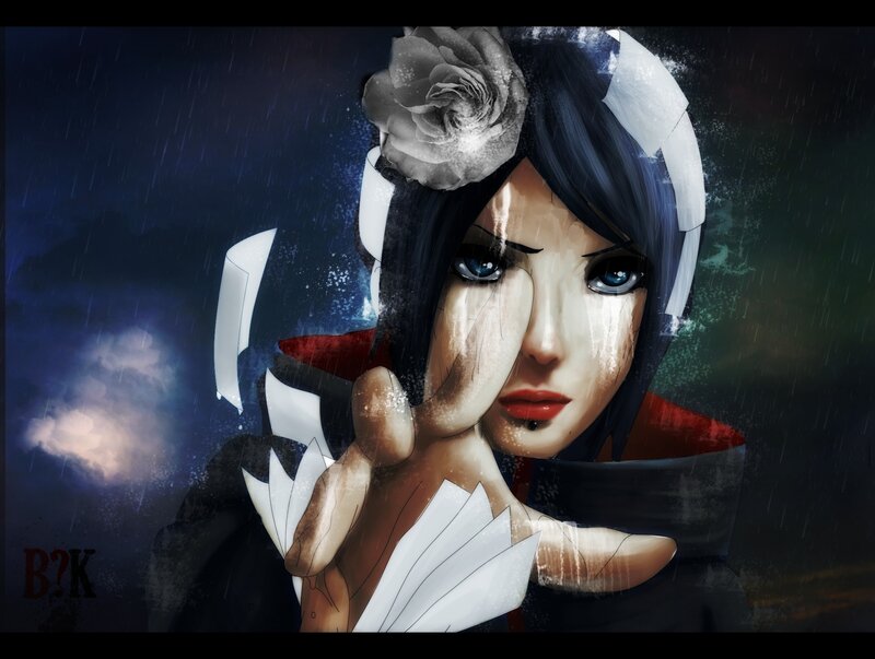 Anime Character in Rain — Black, Dramatic, Night, Digital Art