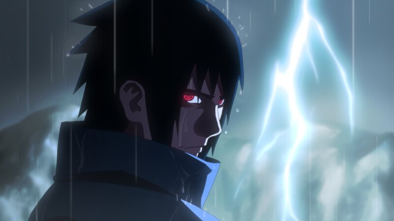 Anime Character in Rain — Black, Dramatic, Night, Lightning, Red Eyes