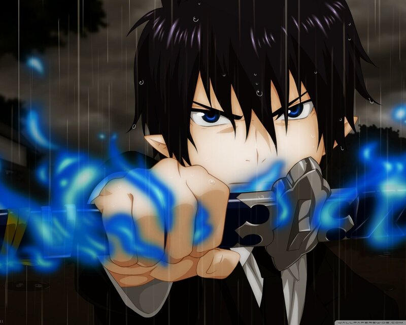 Anime Character in Rain — Black, Dramatic, Night, Sword, Blue Energy