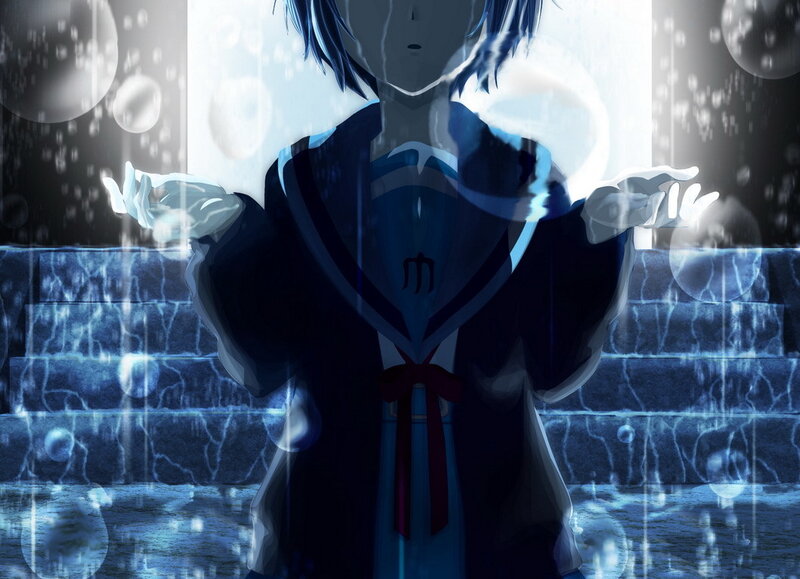 Anime Character in Rain — Blue, Dramatic, Night, Digital Art, Bubbles, Sailor Uniform