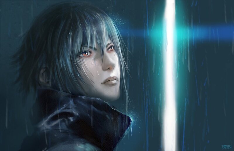 Anime Character in Rain — Blue, Dramatic, Night, Digital Art, Sword