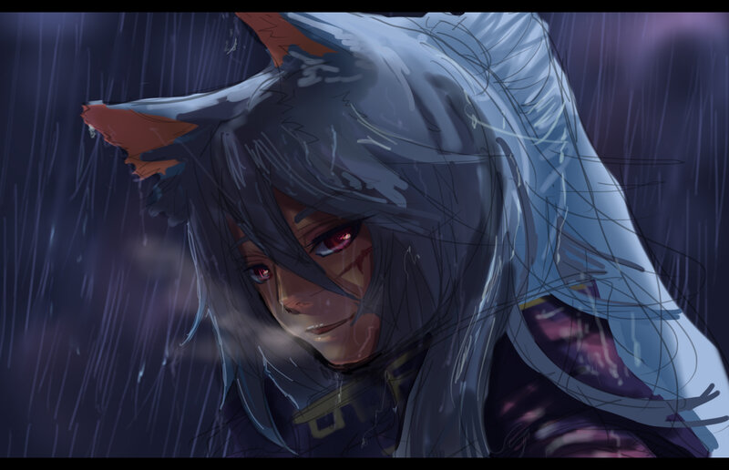 Anime Character in Rain — Blue, Dramatic, Night, Digital Art