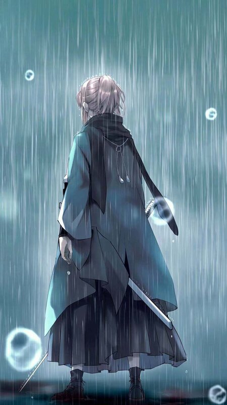 Anime Character in Rain — Blue, Dramatic, Night, Manga, Sword