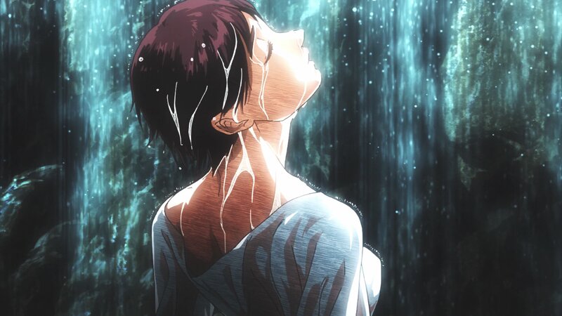 Anime Character in Rain — Blue, Dramatic, Night, Waterfall