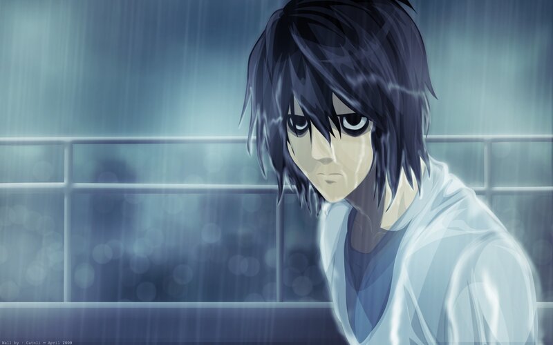 Anime Character in Rain — Blue, Dramatic, Night, Window, White Shirt