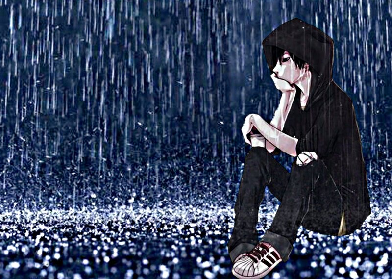 Anime Character in Rain — Blue, Melancholic, Night