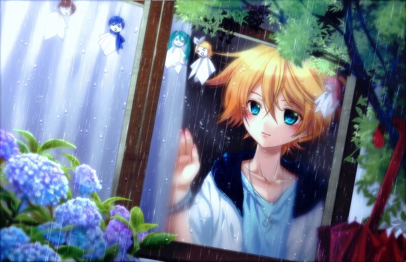 Anime Character in Rain — Blue, Melancholic, Spring