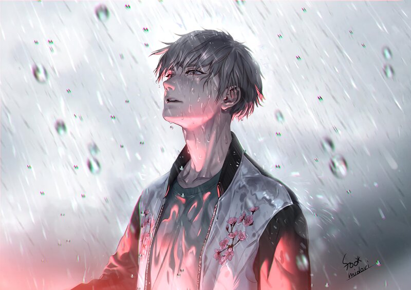 Anime Character in Rain — Gray, Dramatic, Digital Art