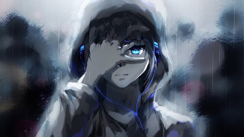 Anime Character in Rain — Gray, Dramatic, Night, Digital Art