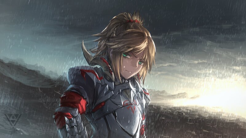 Anime Character in Rain — Gray, Dramatic, Sunset