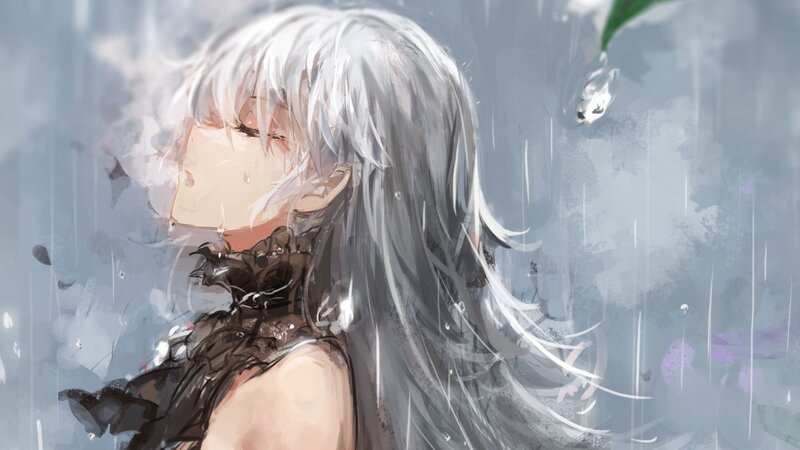 Anime Character in Rain — Gray, Melancholic