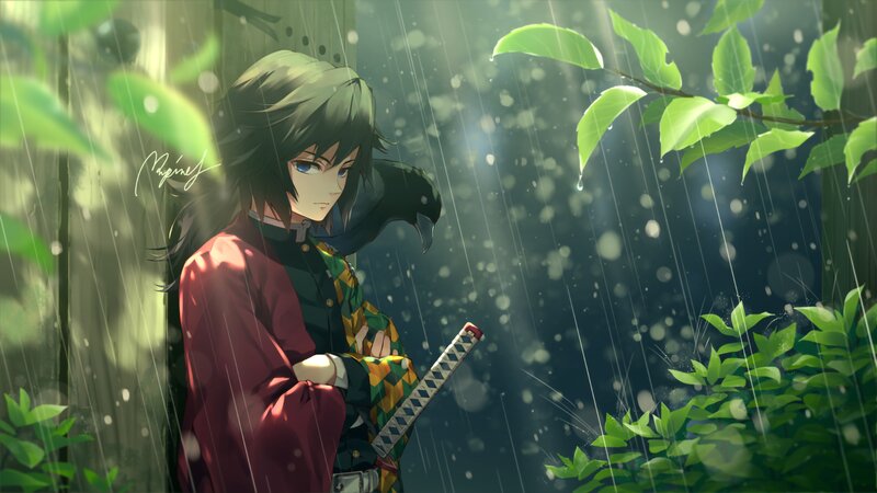 Anime Character in Rain — Green, Dramatic