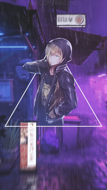 Anime Character in Rain — Purple, Dramatic, Night, Digital Art, Jacket